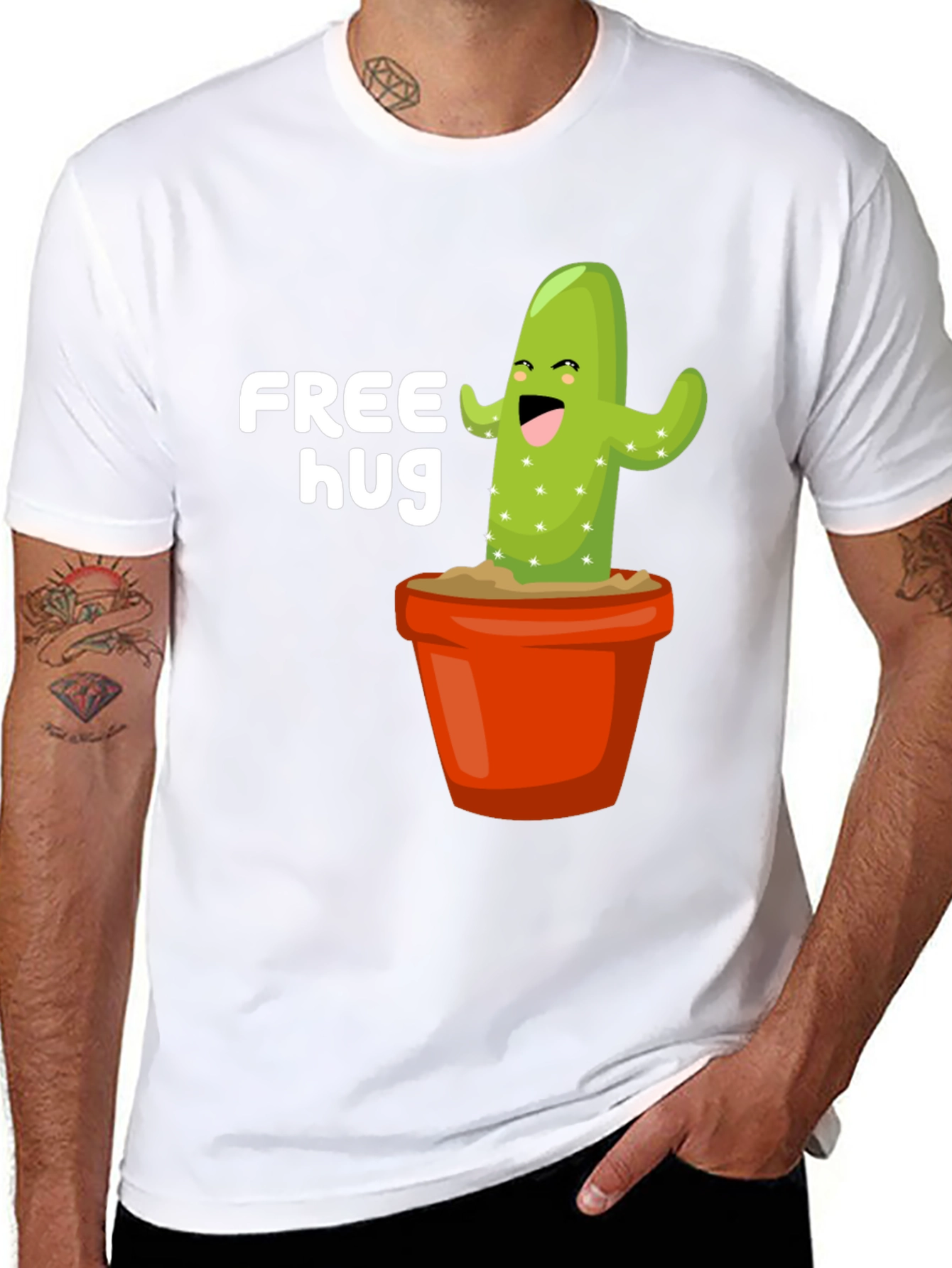 Free Hug Cactus Graphic Tee - Black Cotton T-Shirt