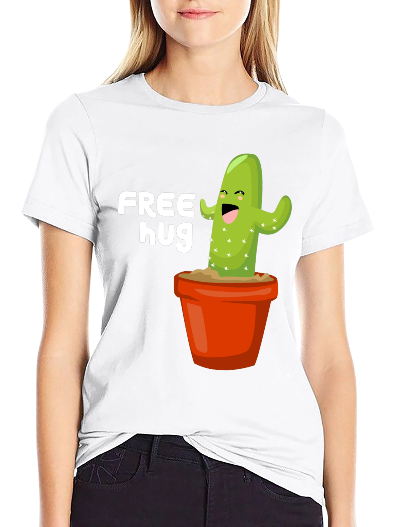 Free Hug Cactus Graphic Tee - Black Cotton T-Shirt