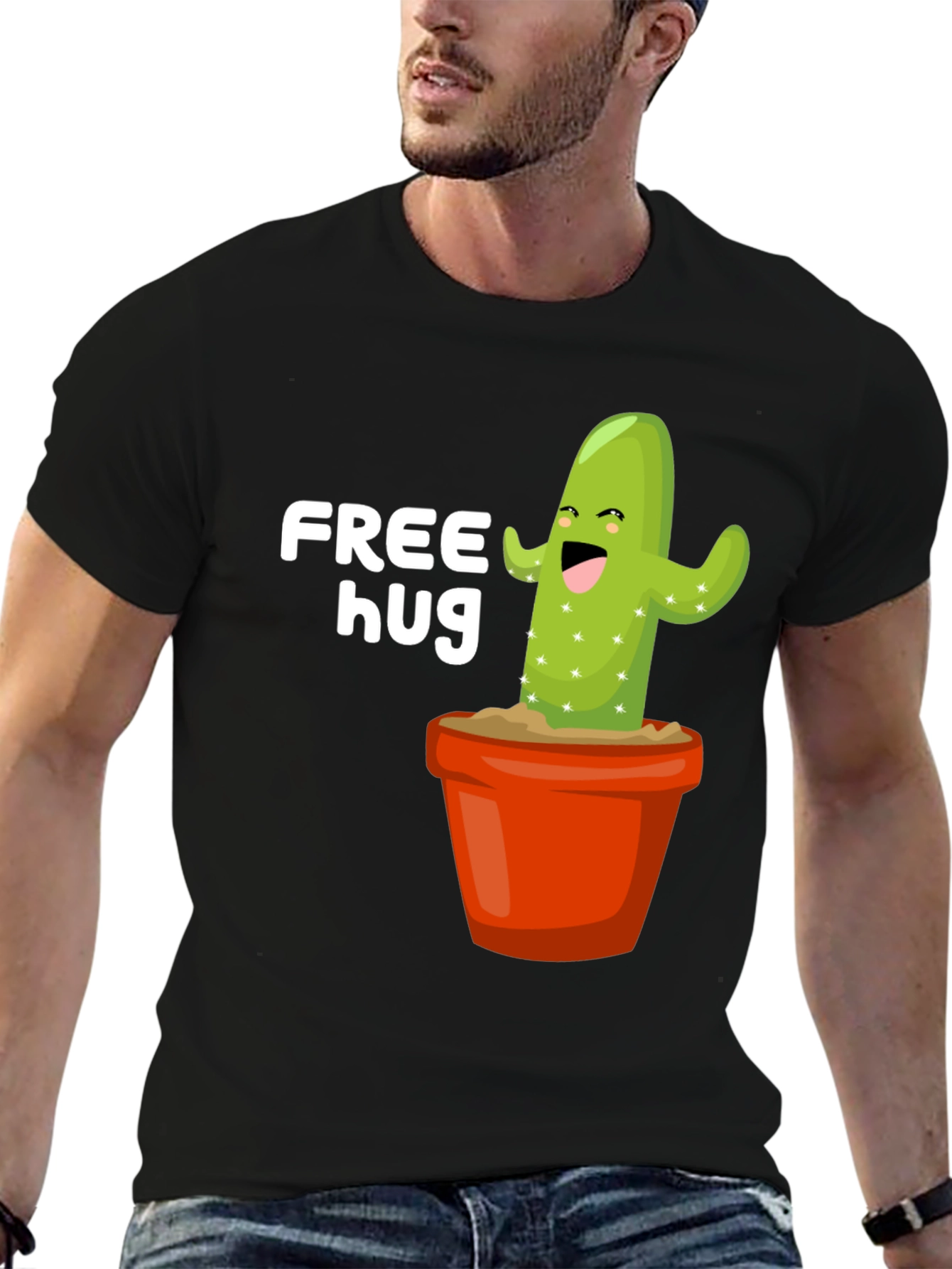 Free Hug Cactus Graphic Tee - Black Cotton T-Shirt