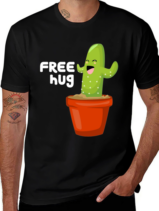 Free Hug Cactus Graphic Tee - Black Cotton T-Shirt