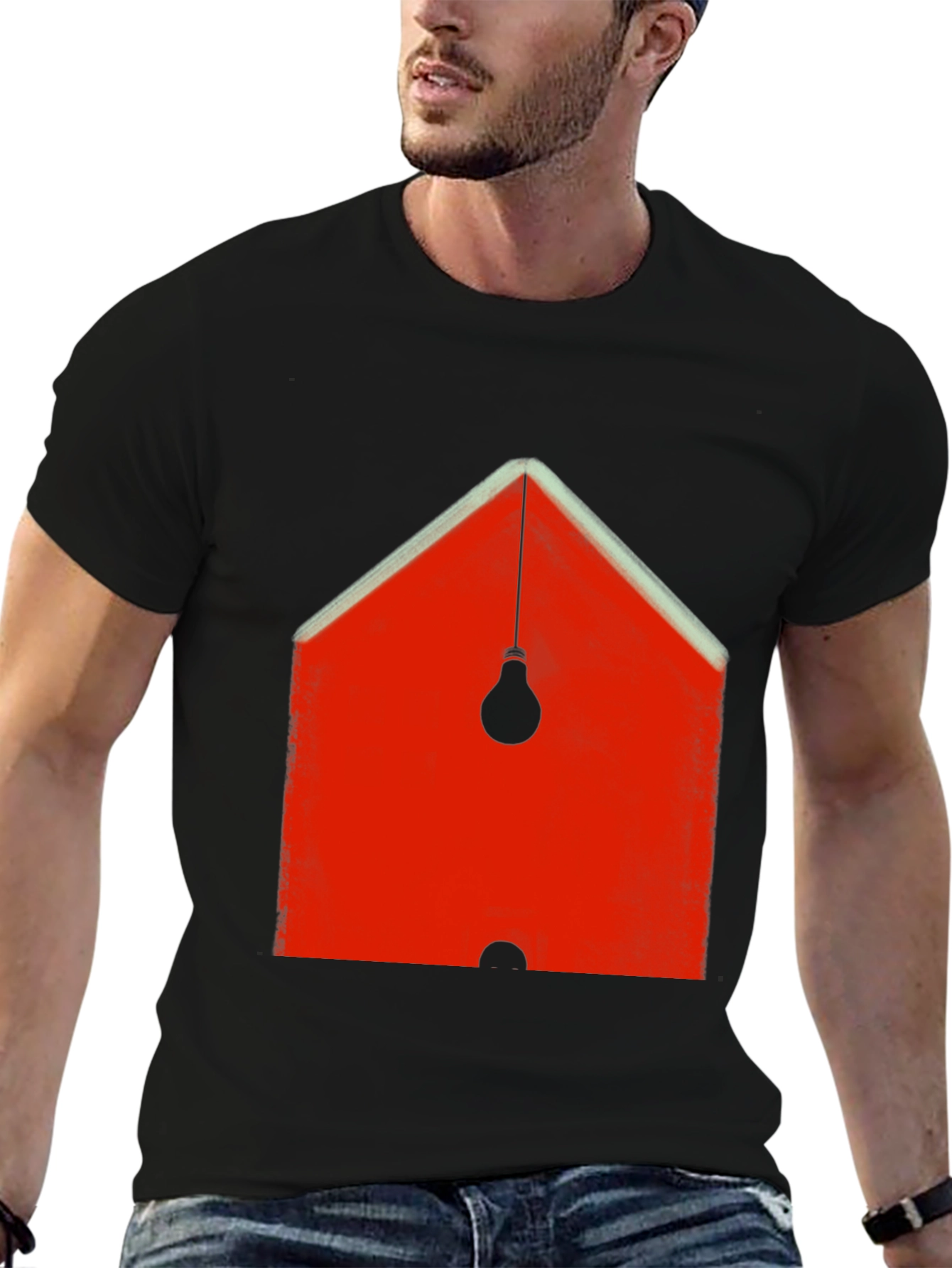 Abstract Red House & Lightbulb Graphic Black T-Shirt