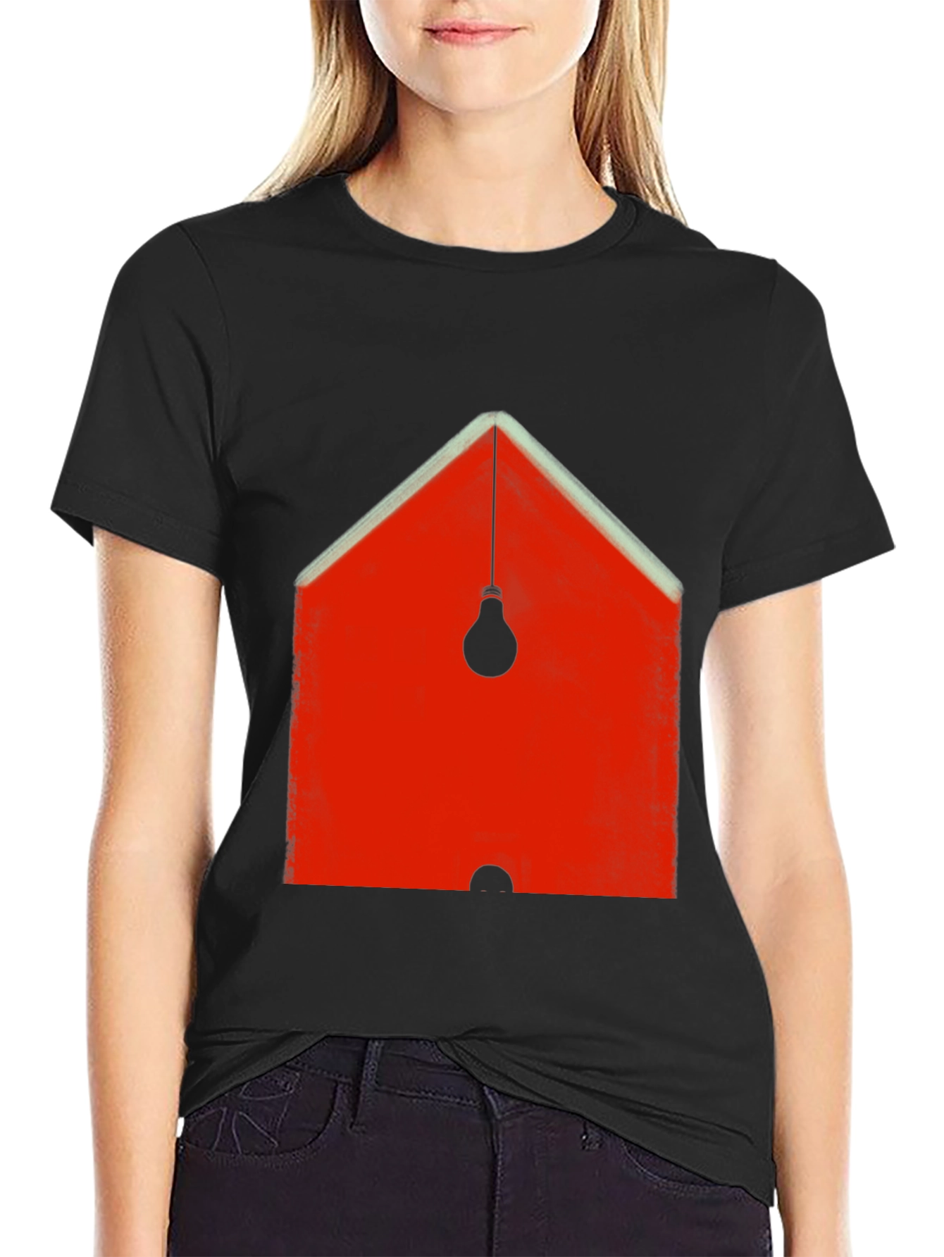 Abstract Red House & Lightbulb Graphic Black T-Shirt