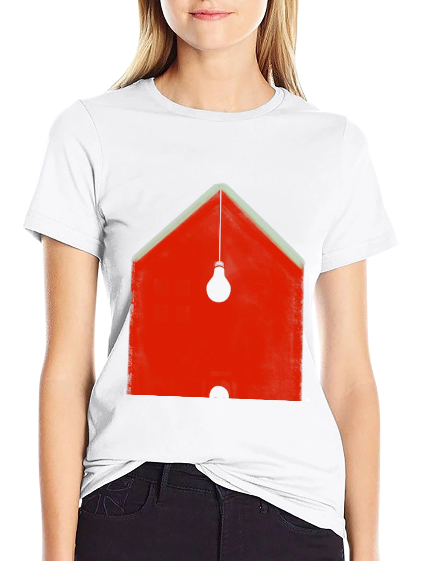Abstract Red House & Lightbulb Graphic Black T-Shirt