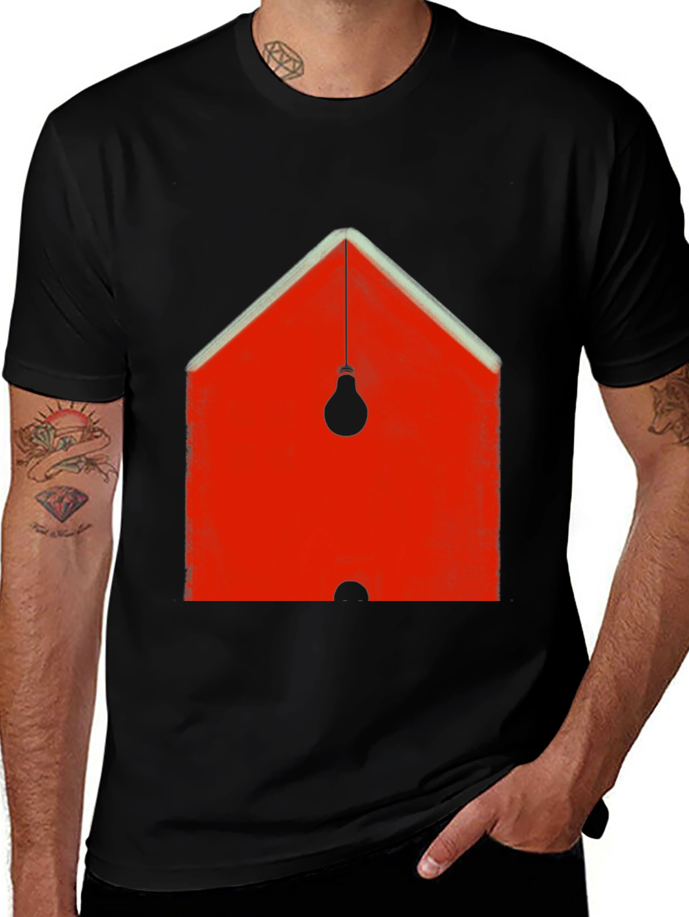 Abstract Red House & Lightbulb Graphic Black T-Shirt