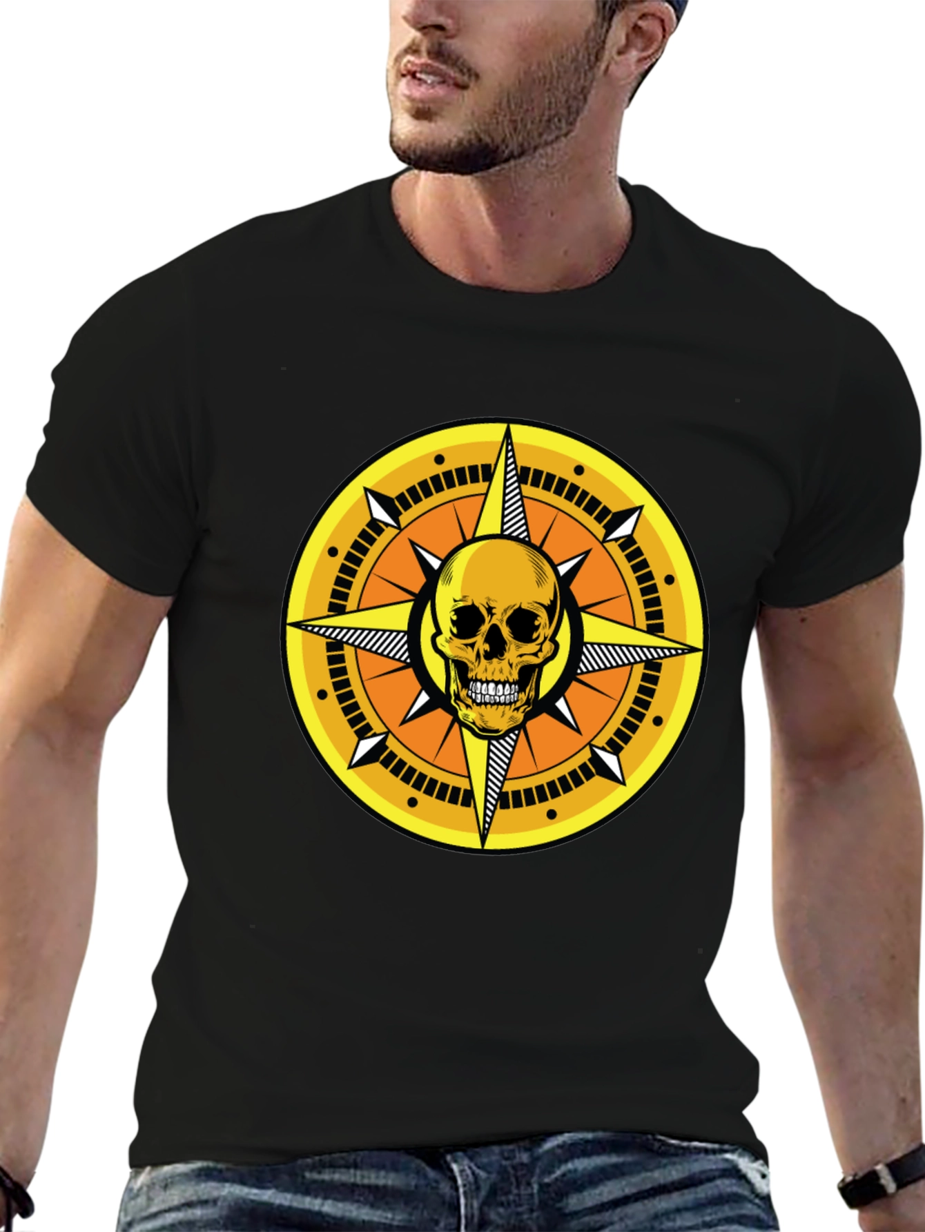 Skull Compass Graphic Tee - Black Cotton Shirt