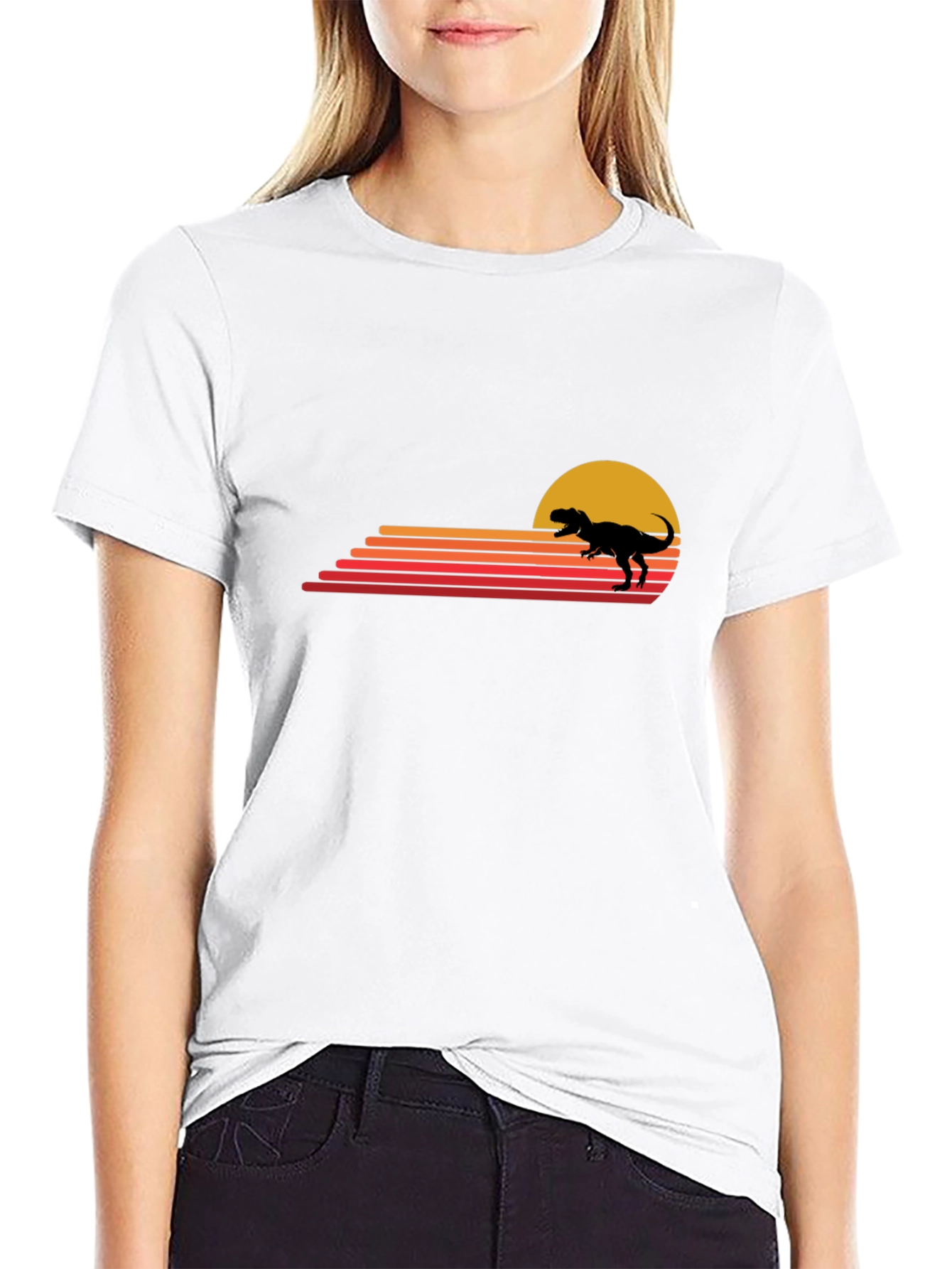 Retro Dinosaur Sunset Black T-Shirt