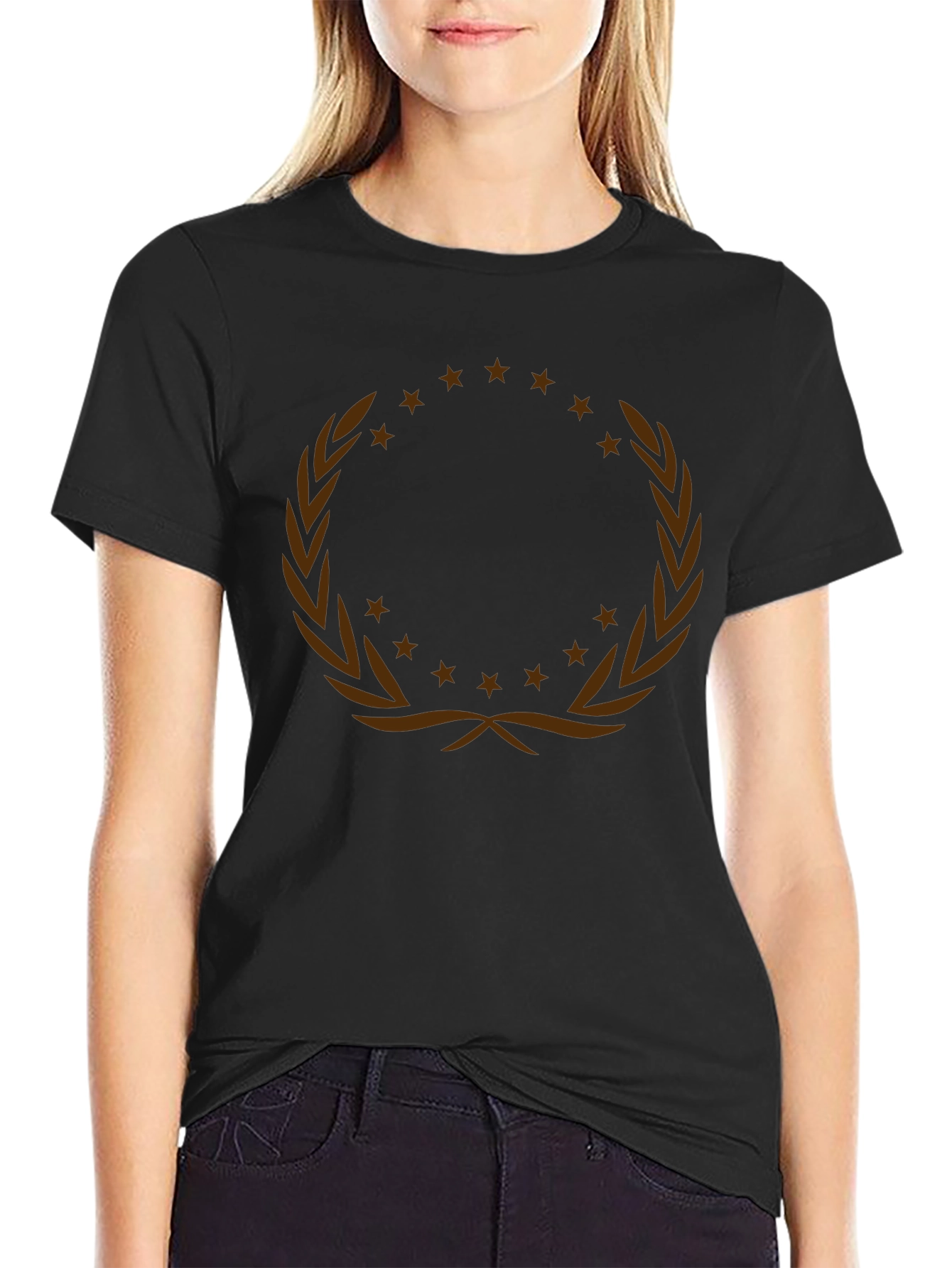 Graphic Tee with Laurel Wreath and Stars Design
