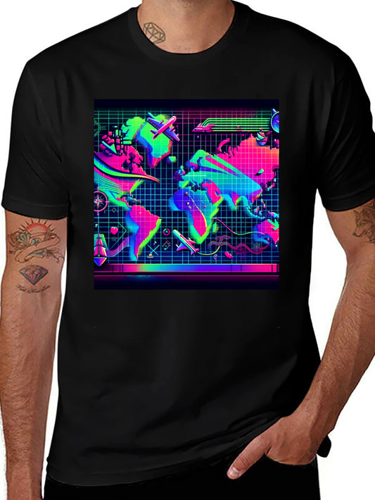 Retro World Map Travel T-Shirt - Neon Grid Design