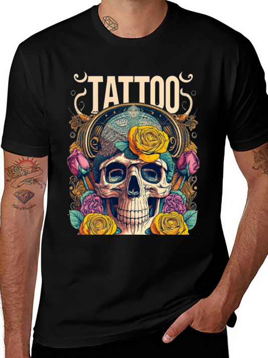 Skull & Roses Tattoo Graphic Tee - Unique Design