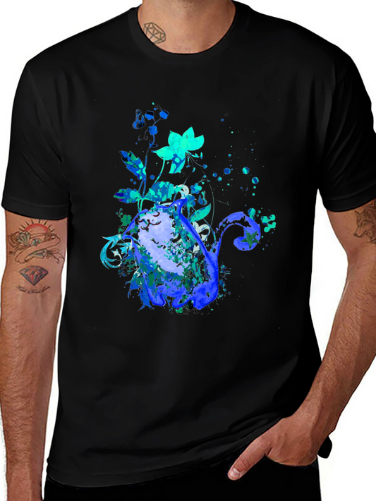 Watercolor Cat & Flower Graphic T-Shirt