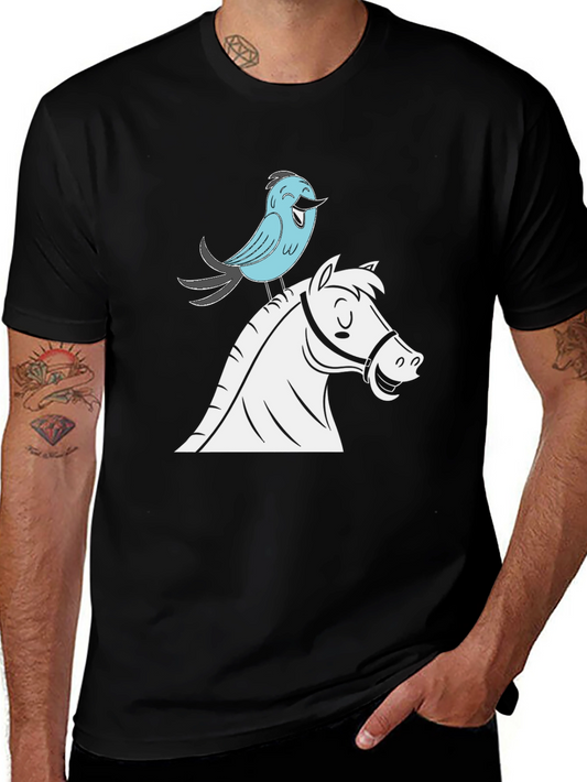 Whimsical Horse & Bird Graphic Tee - Black