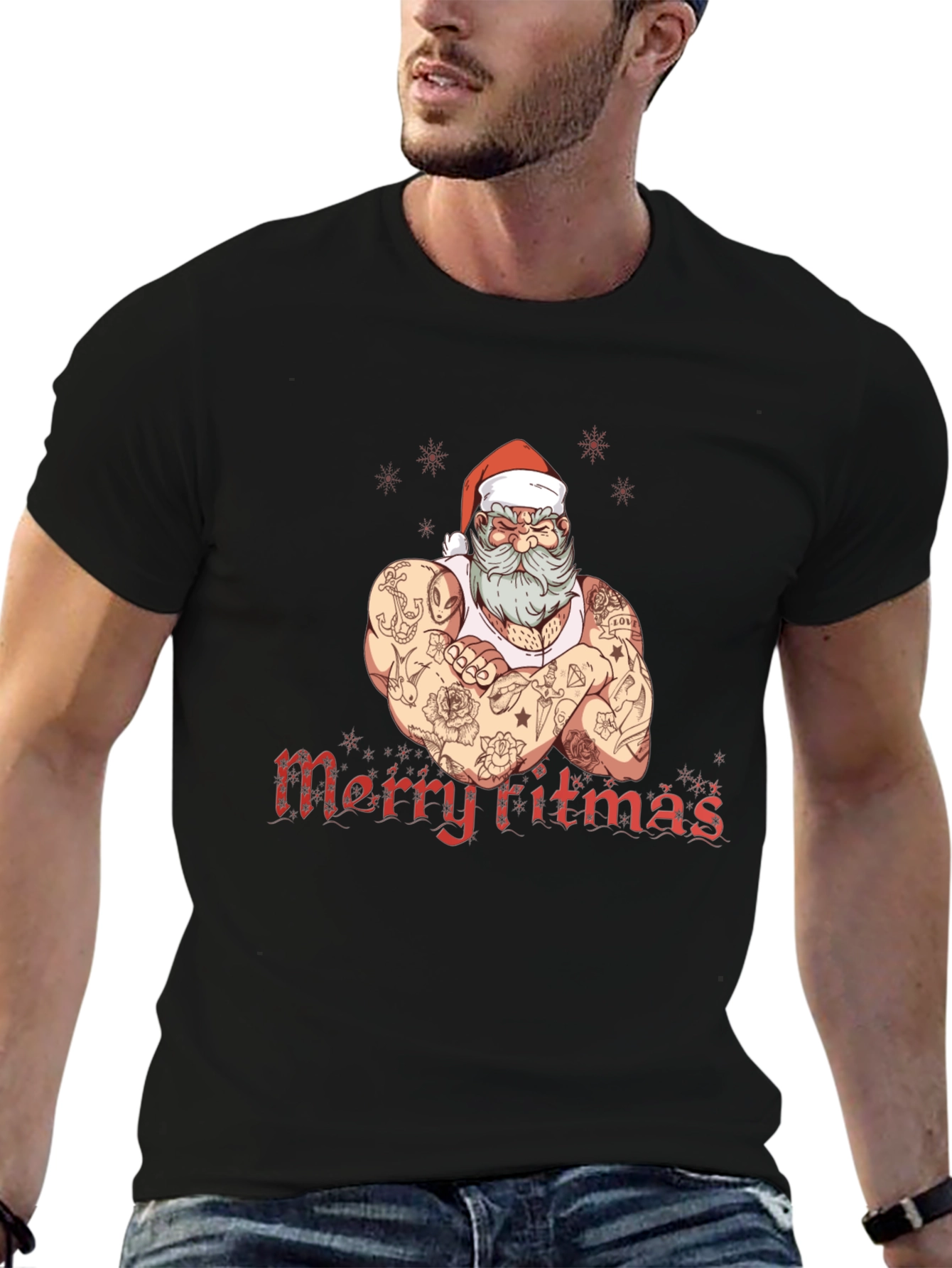 Tattooed Santa Merry Fitmas Graphic Tee