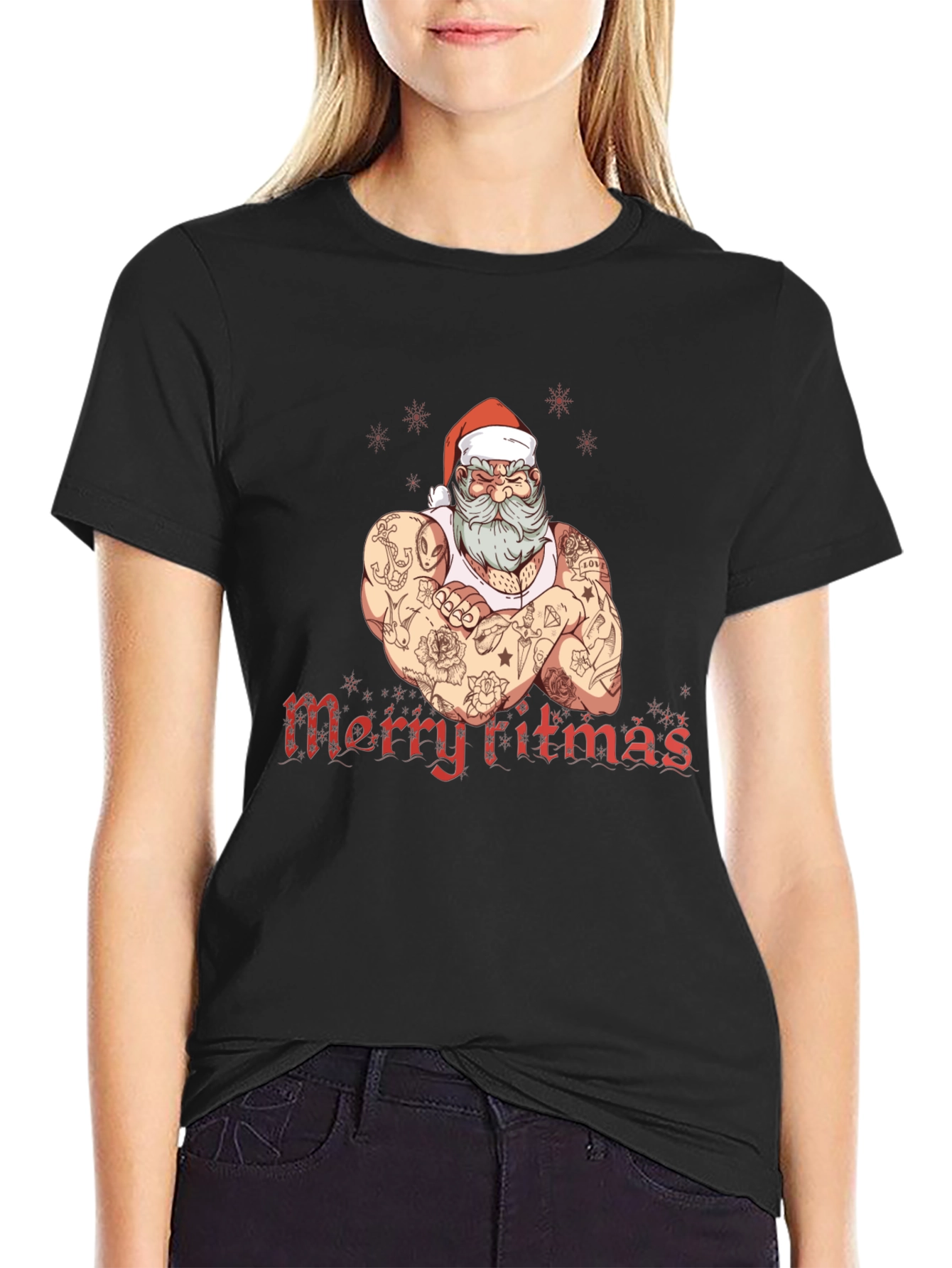 Tattooed Santa Merry Fitmas Graphic Tee