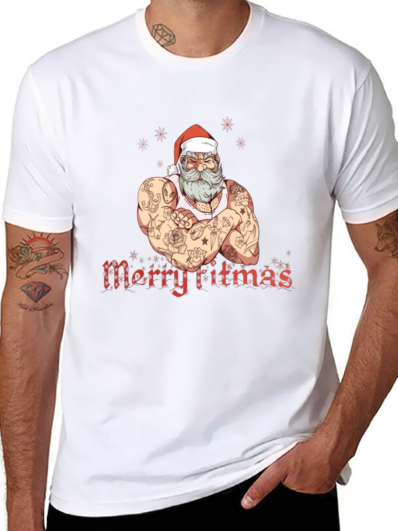 Tattooed Santa Merry Fitmas Graphic Tee