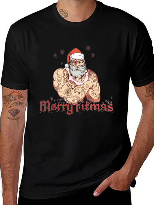 Tattooed Santa Merry Fitmas Graphic Tee