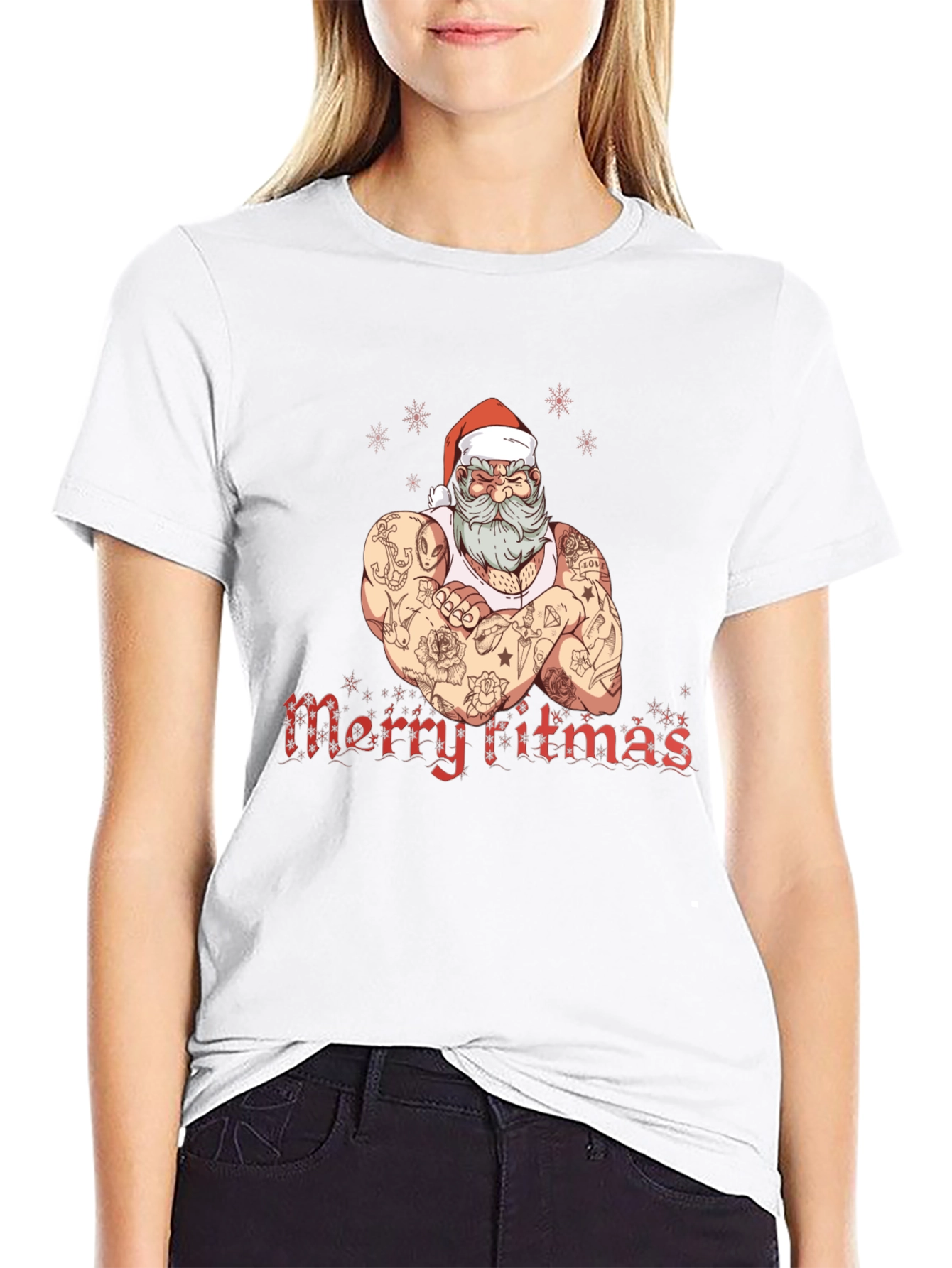 Tattooed Santa Merry Fitmas Graphic Tee