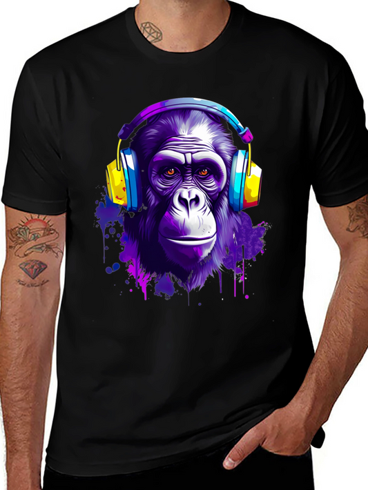 Cool Ape with Headphones Black T-Shirt