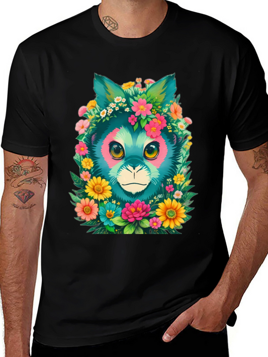 Floral Feline Graphic Tee - Black Cotton T-Shirt
