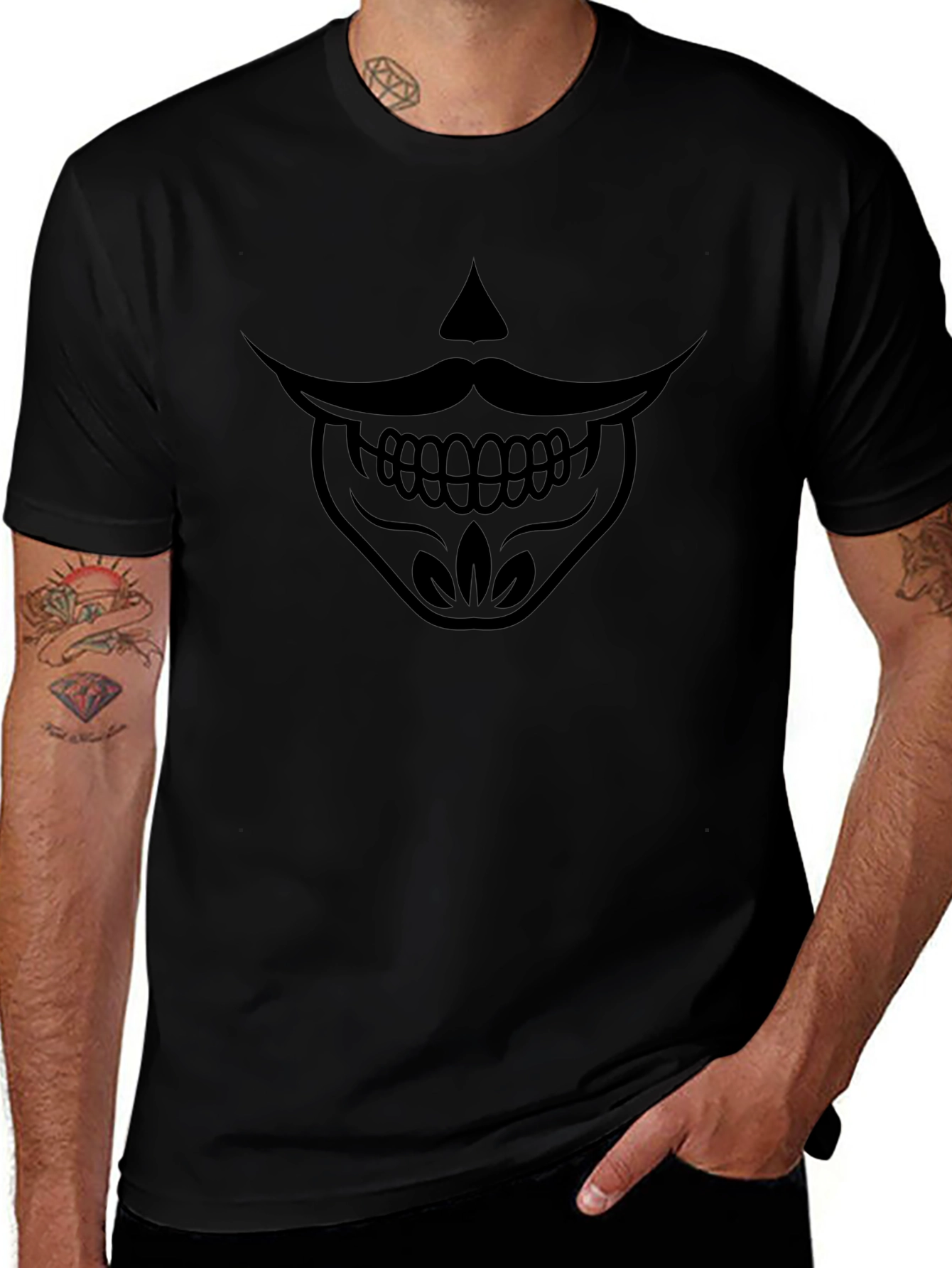 Mens Black T-Shirt - Moustache Skull Graphic