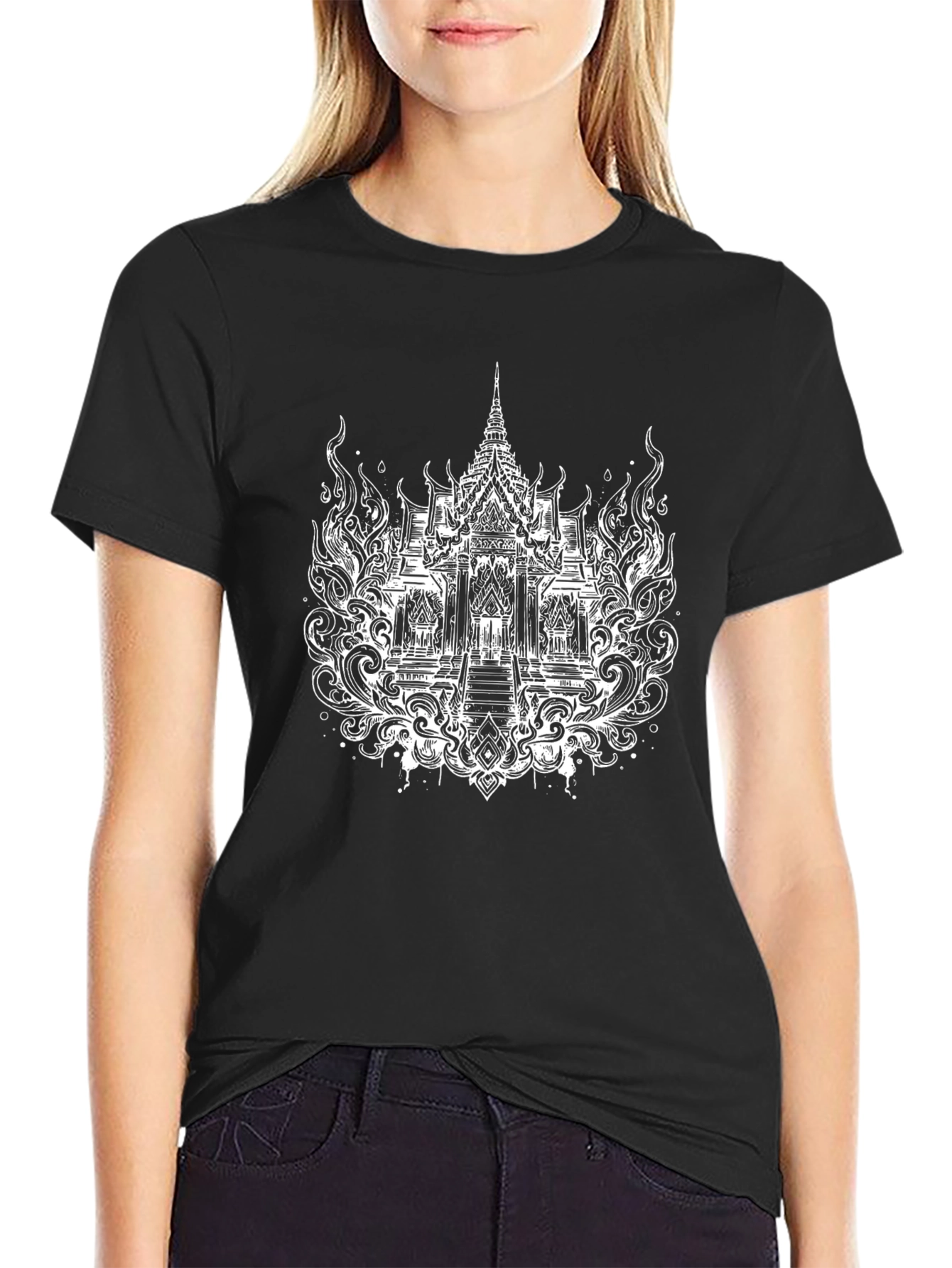 Thai Temple Graphic Tee - Black Cotton T-Shirt