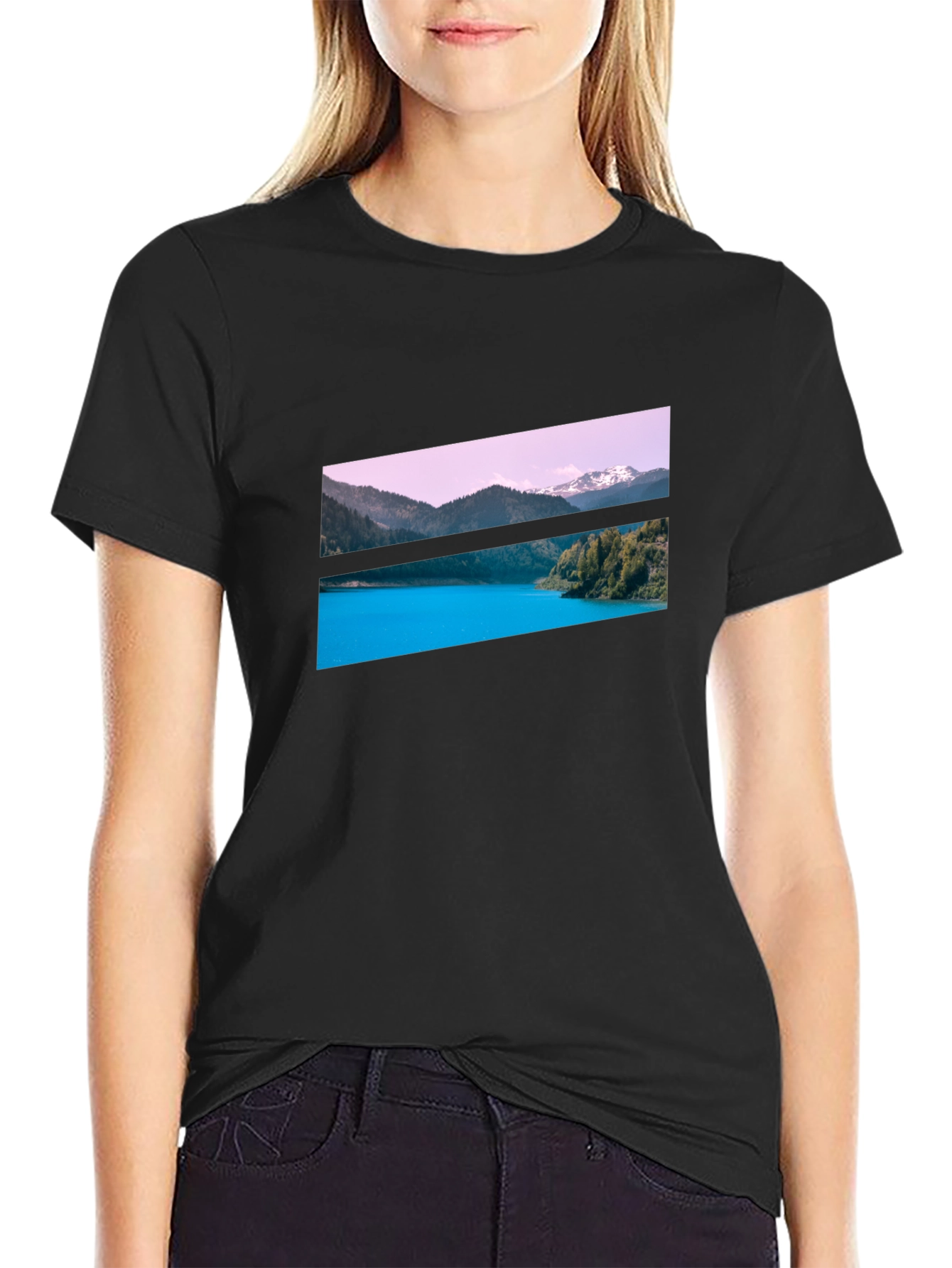 Scenic Mountain Lake Graphic Tee - Black