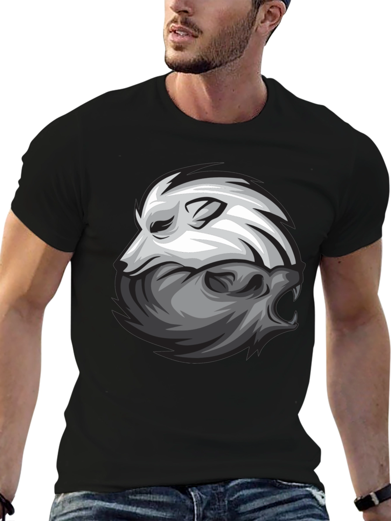 Yin Yang Wolf Graphic Print Black T-Shirt