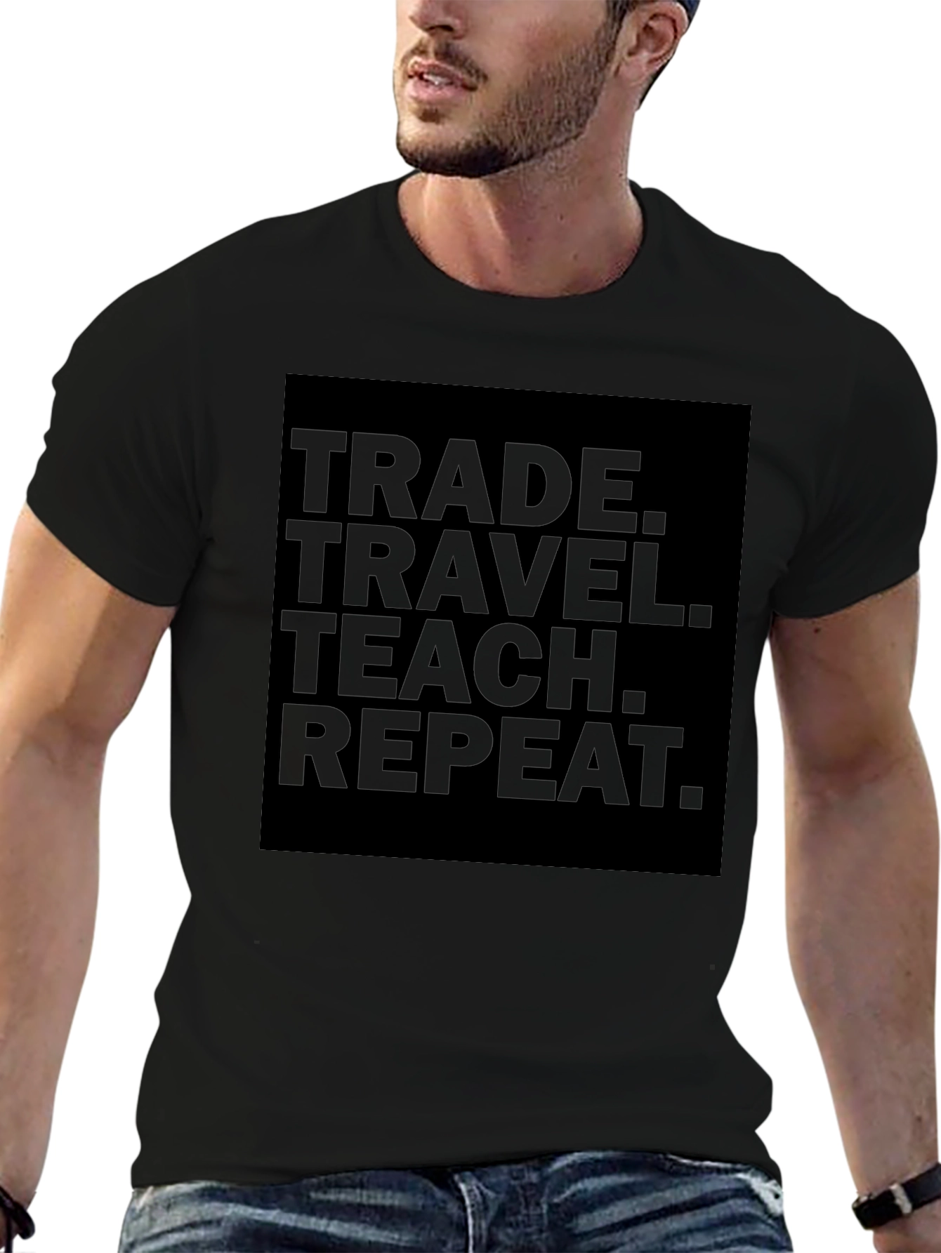 Trade Travel Teach Repeat Black Graphic T-Shirt