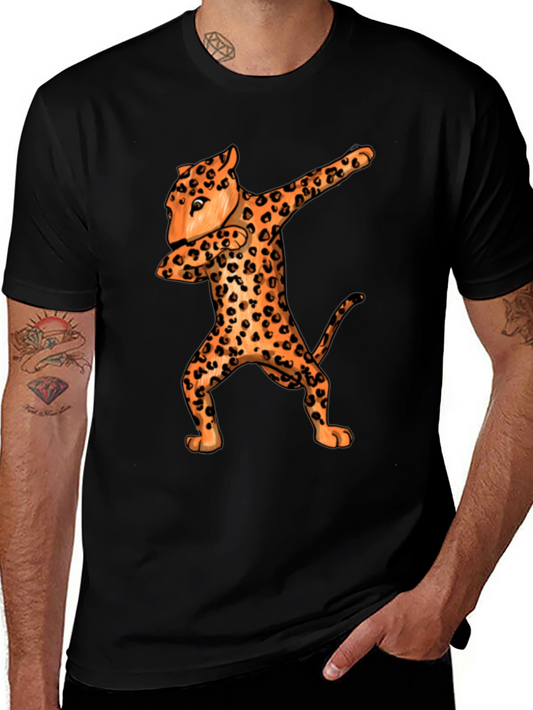 Dabbing Leopard Graphic Tee - Black Crew Neck