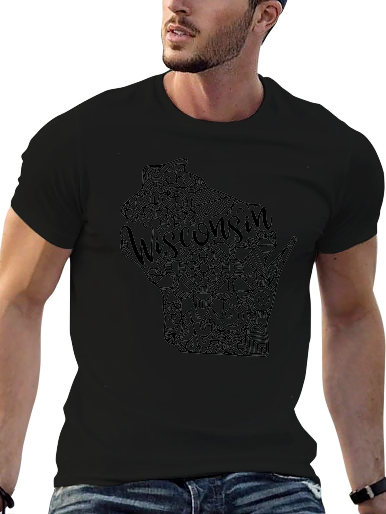 Wisconsin State Mandala Design Black T-Shirt