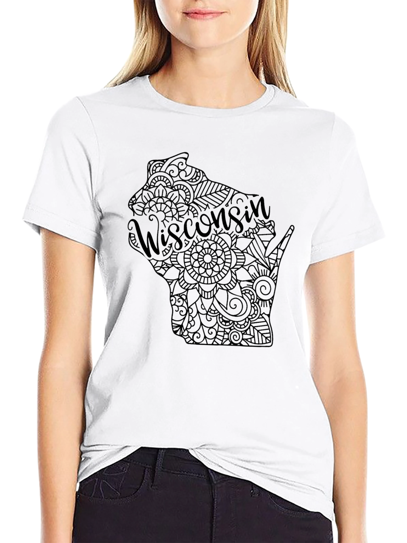 Wisconsin State Mandala Design Black T-Shirt