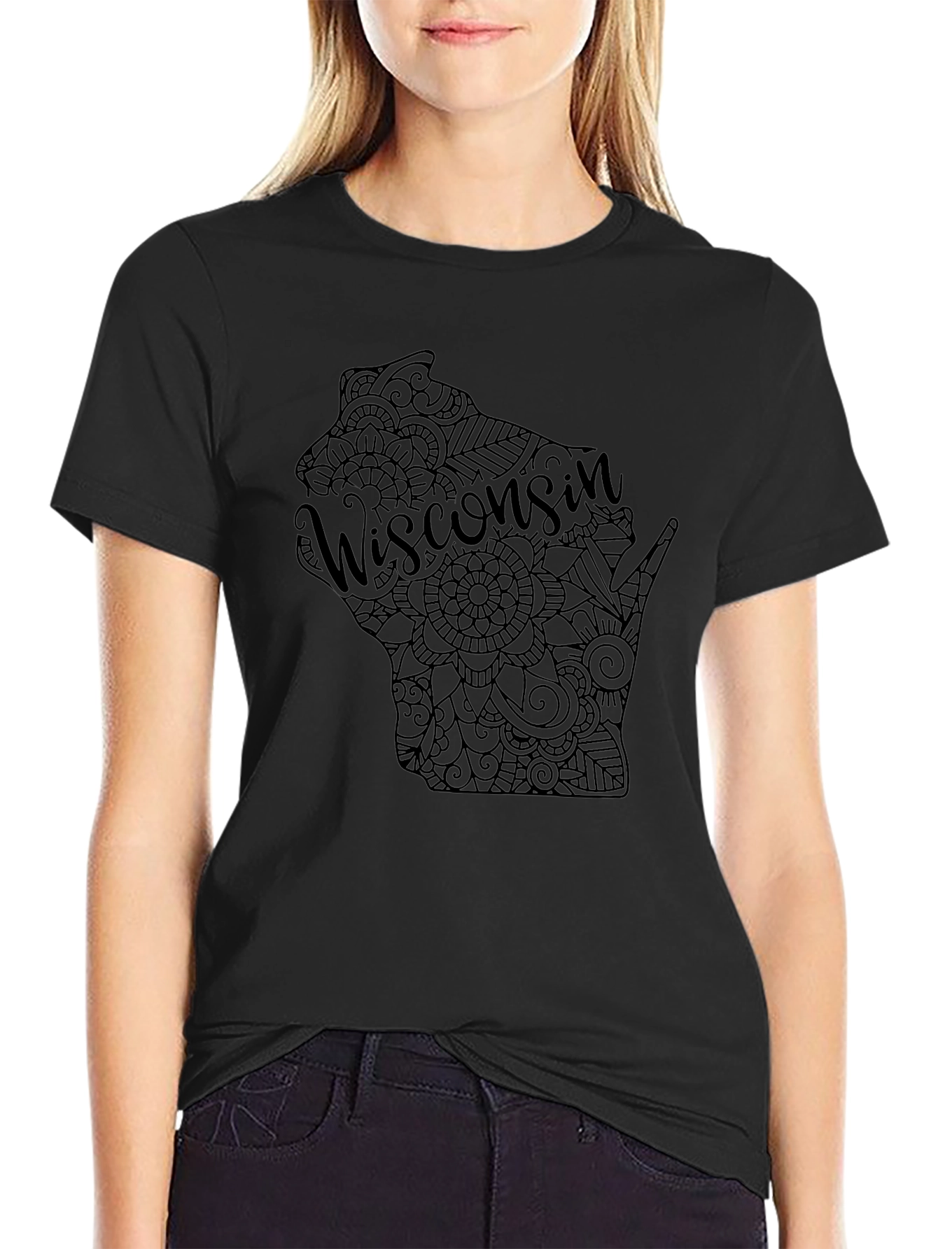 Wisconsin State Mandala Design Black T-Shirt
