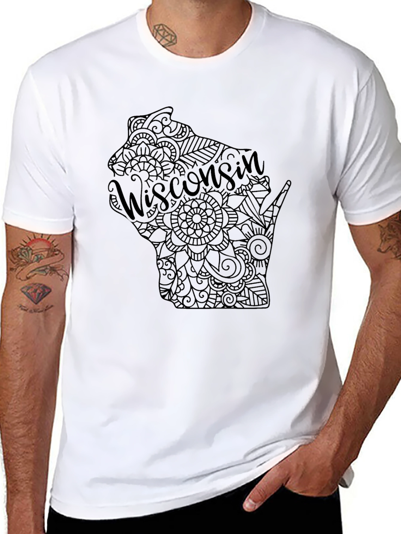 Wisconsin State Mandala Design Black T-Shirt