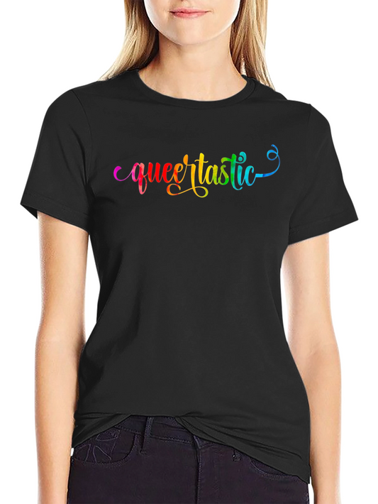 Queertastic Black T-Shirt - Pride Rainbow Text