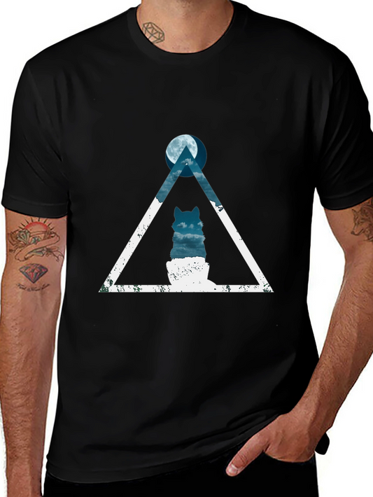 Geometric Wolf Moon Graphic Tee - Black Cotton