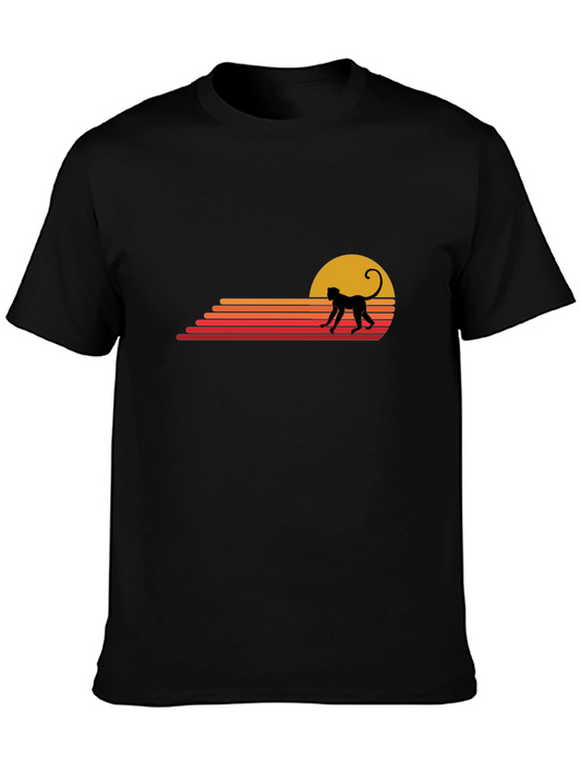 Retro Monkey Sunset Graphic Tee - Casual Black T-Shirt