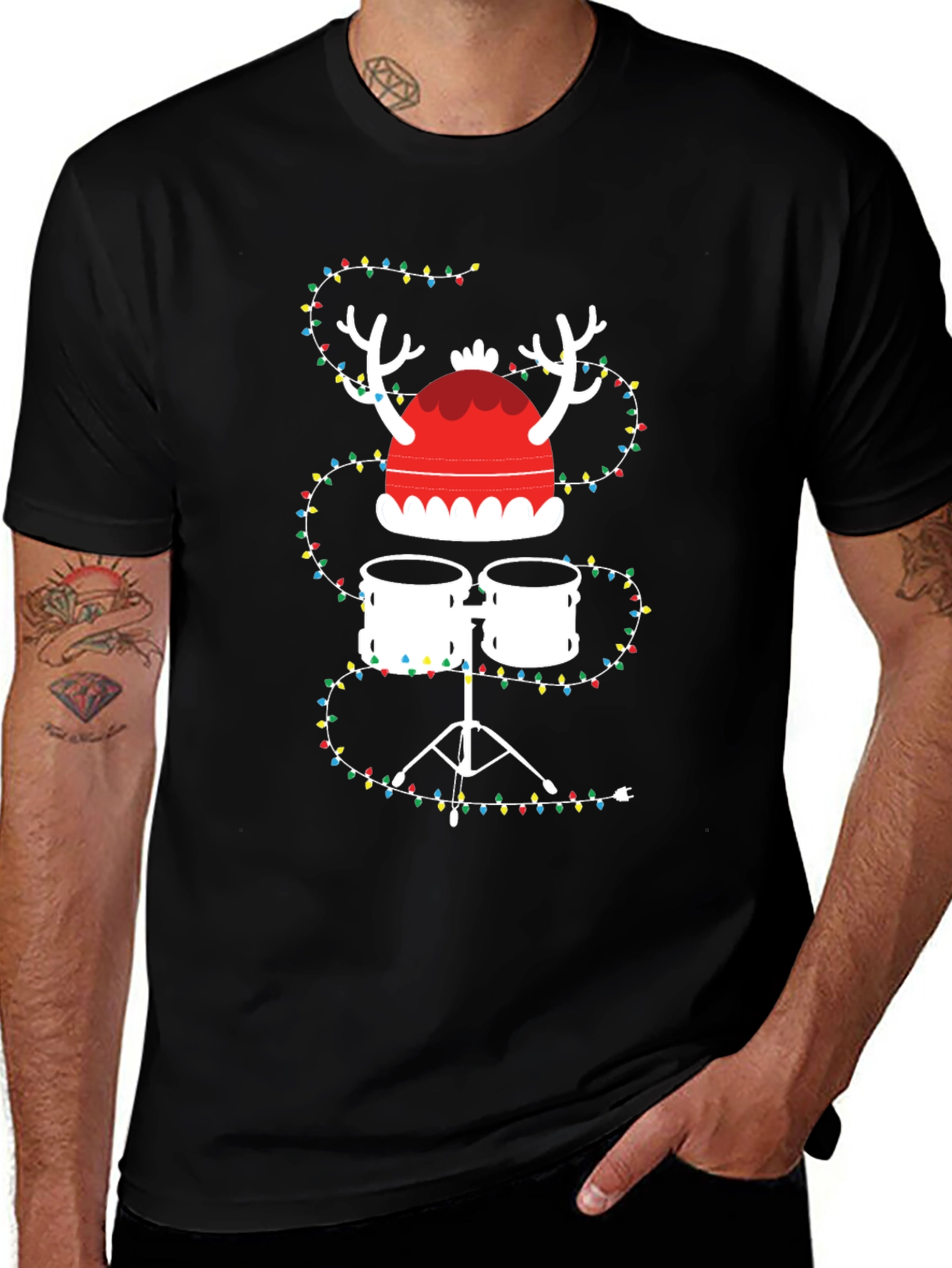 Drum Set Christmas Tee with Lights and Reindeer Hat