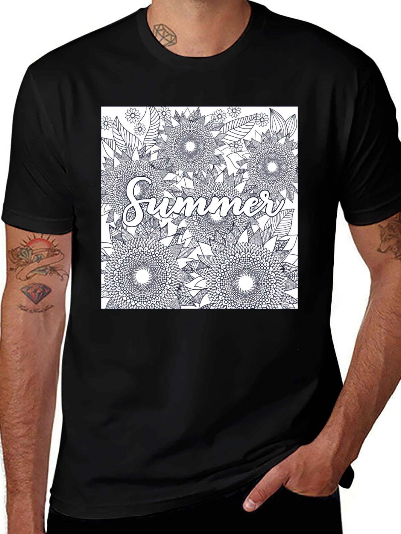 Summer Floral Graphic Tee - Black Cotton T-Shirt