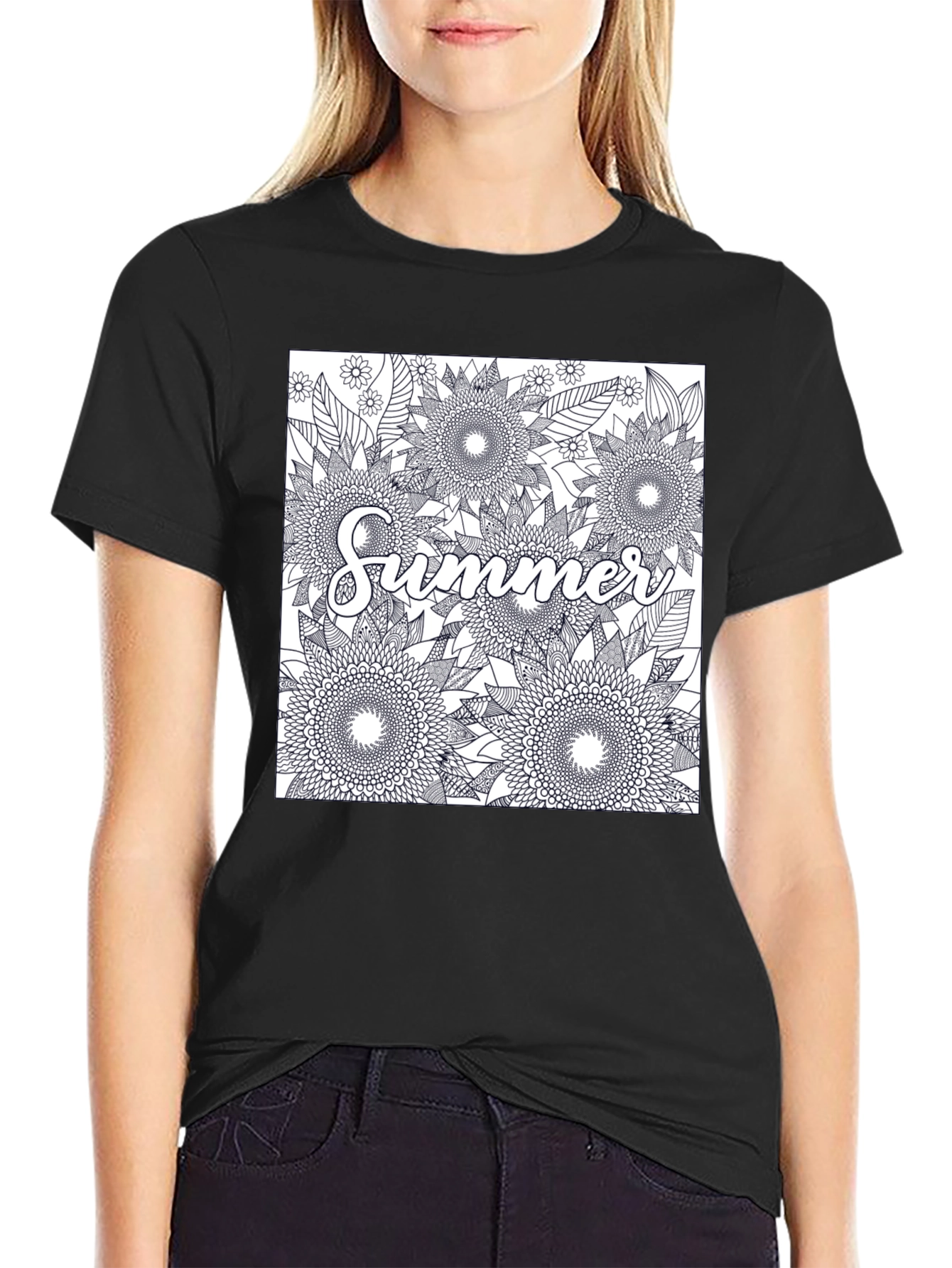 Summer Floral Graphic Tee - Black Cotton T-Shirt