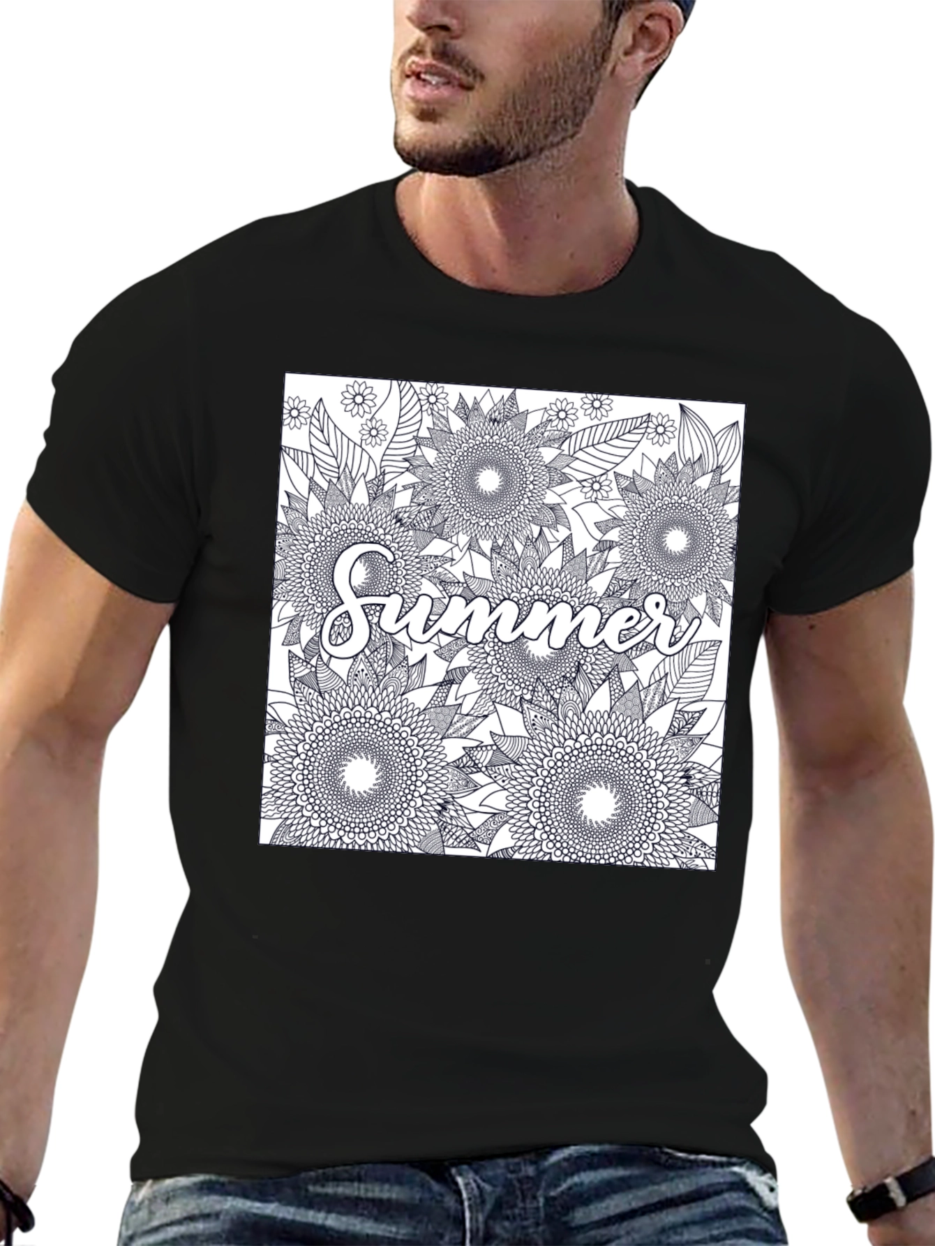 Summer Floral Graphic Tee - Black Cotton T-Shirt