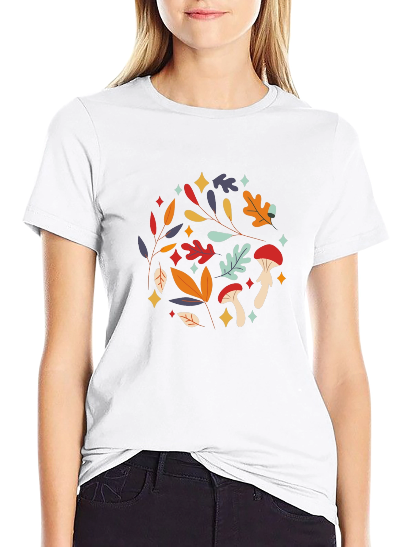 Autumnal Mushroom & Leaf Graphic Tee - Black