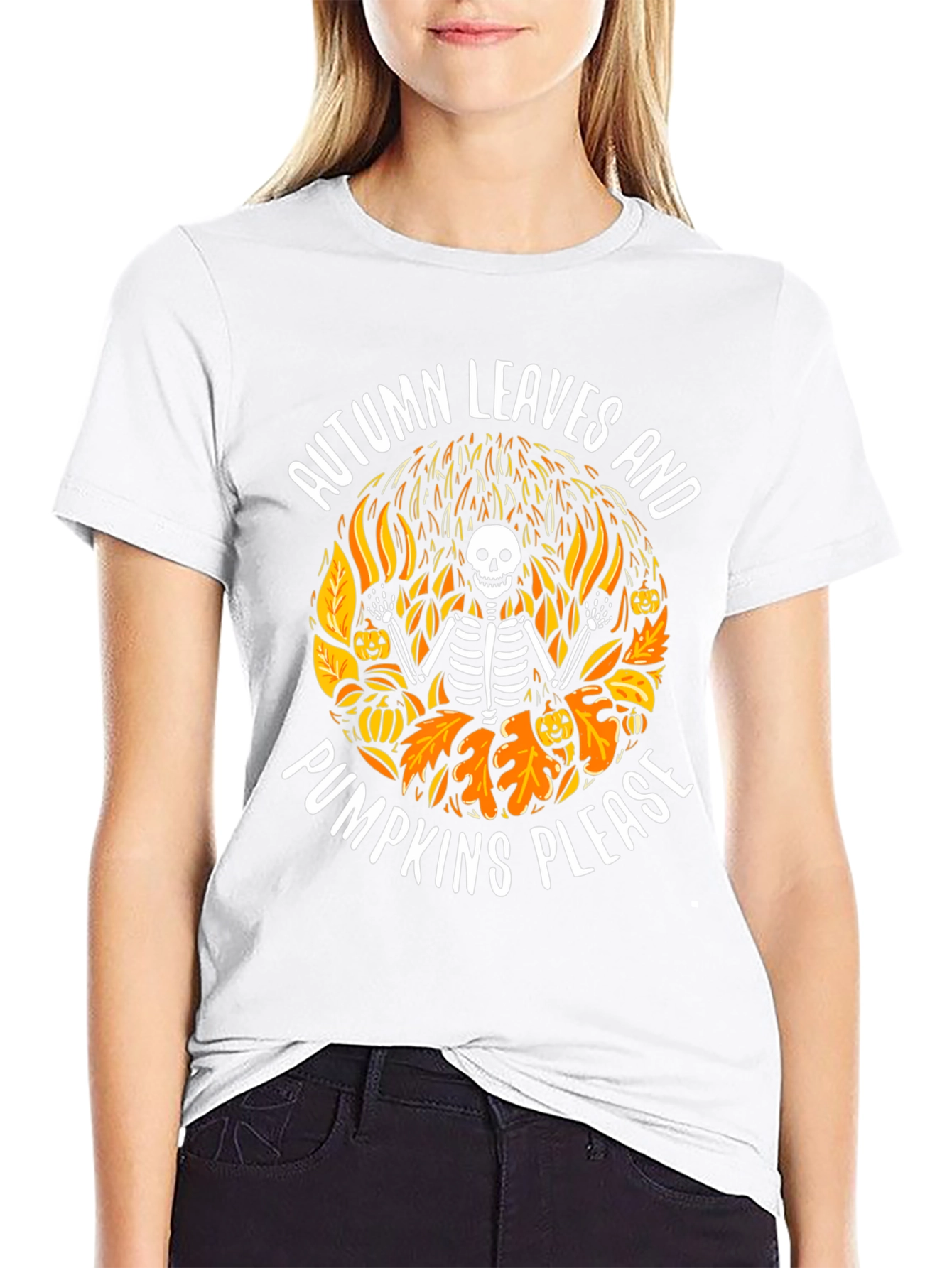 Autumn Leaves & Pumpkins Skeleton Graphic Tee