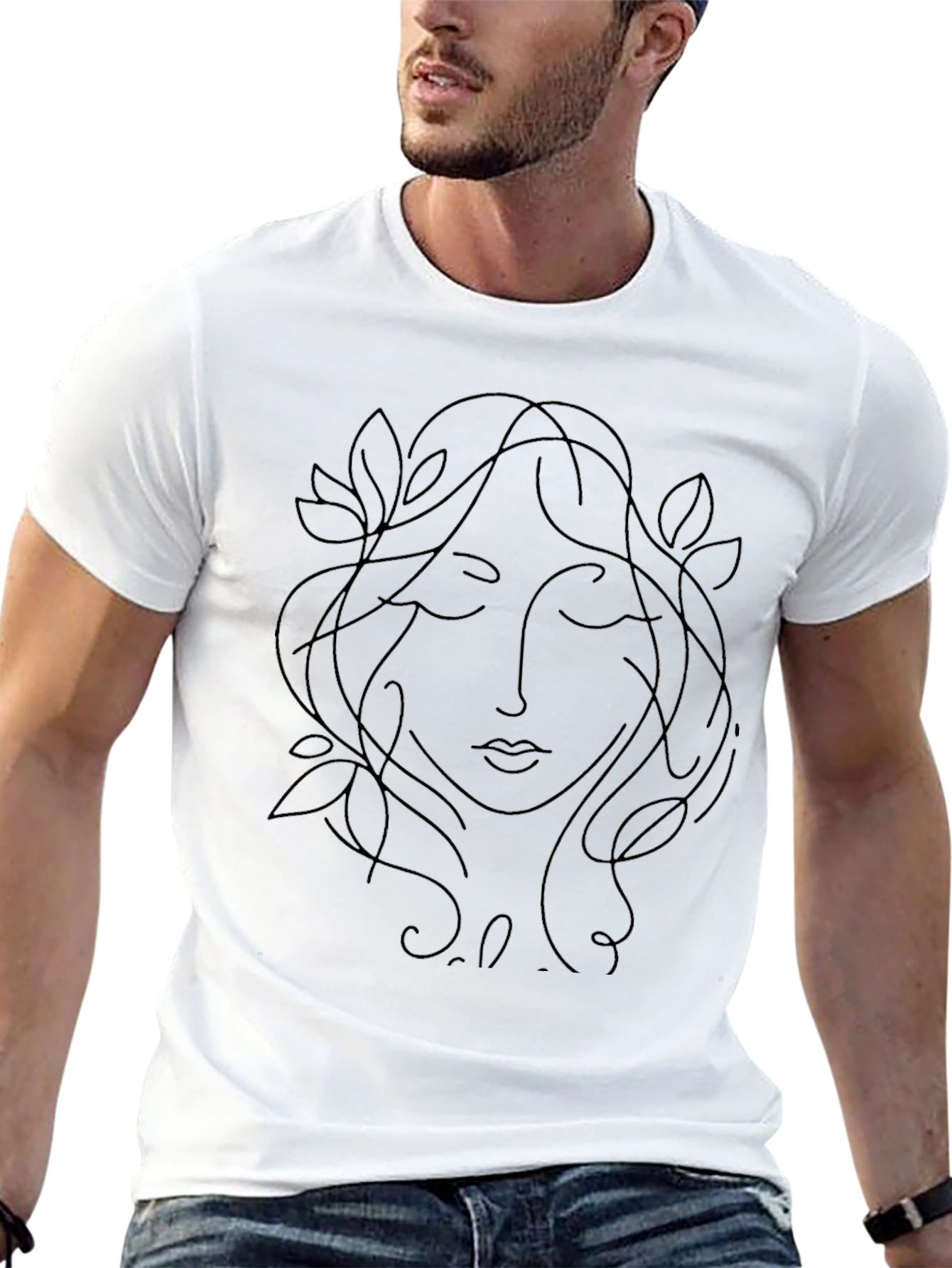 Minimalist Woman Face Line Art Black T-Shirt