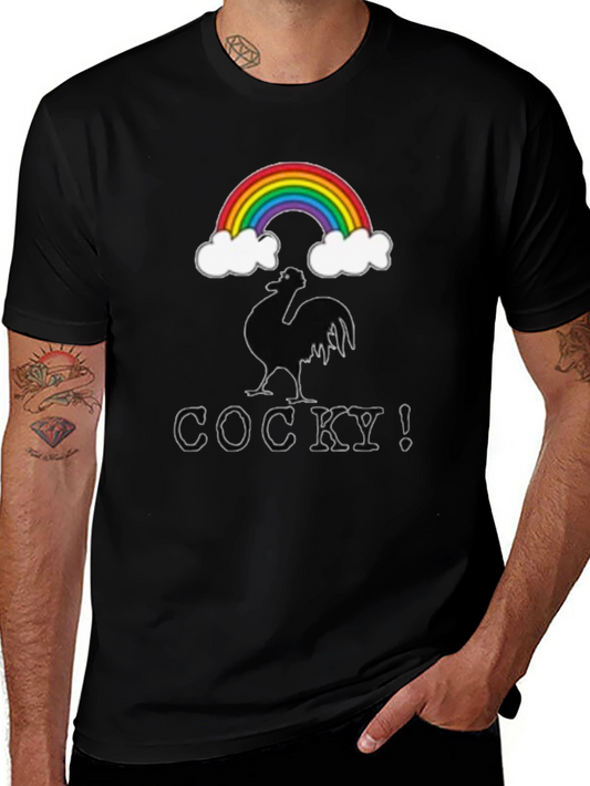 Cocky Graphic T-Shirt - Rainbow Rooster Design