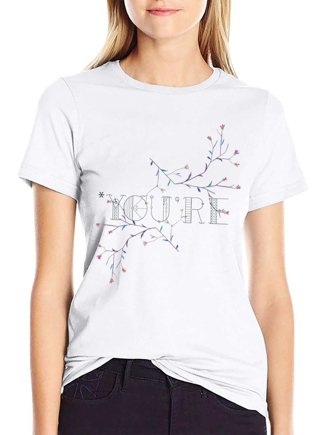 Floral Branch Print Black Crewneck T-Shirt