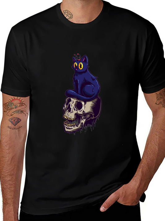 Skull & Cat Graphic Tee - Black Cotton T-Shirt