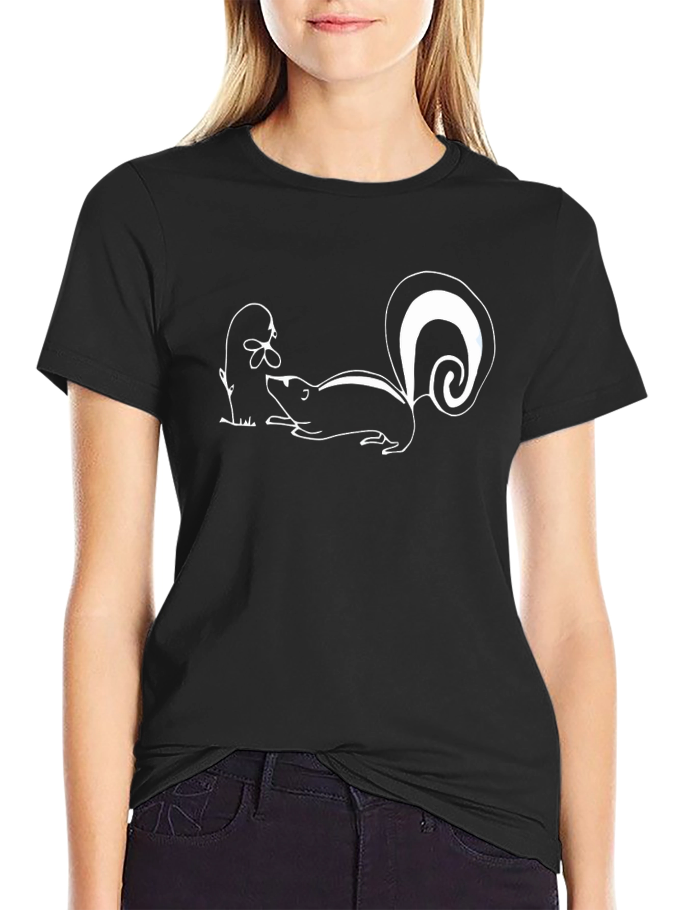 Skunk & Flower Graphic Tee - Black Cotton T-Shirt