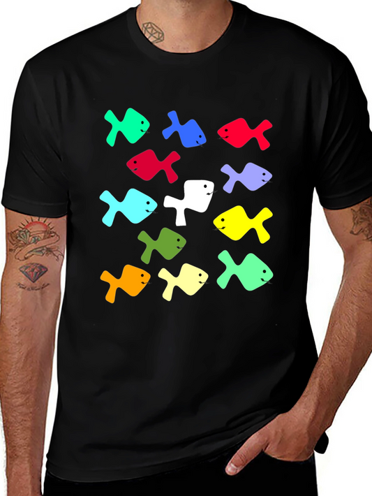 Colorful Fish Pattern T-Shirt - Casual Crew Neck Tee