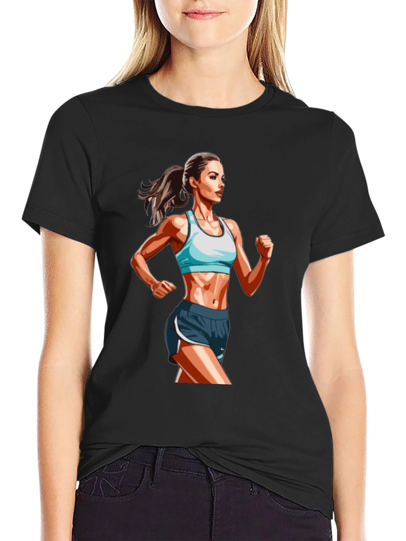 Mens Black T-Shirt with Female Runner Graphic
