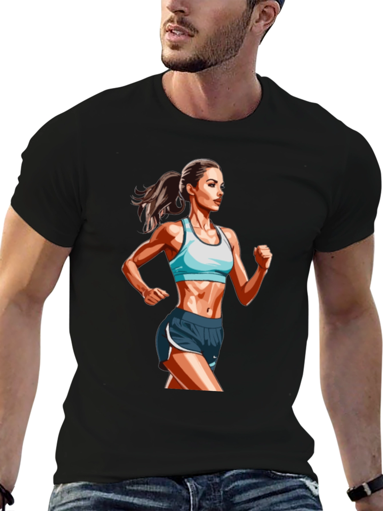 Mens Black T-Shirt with Female Runner Graphic