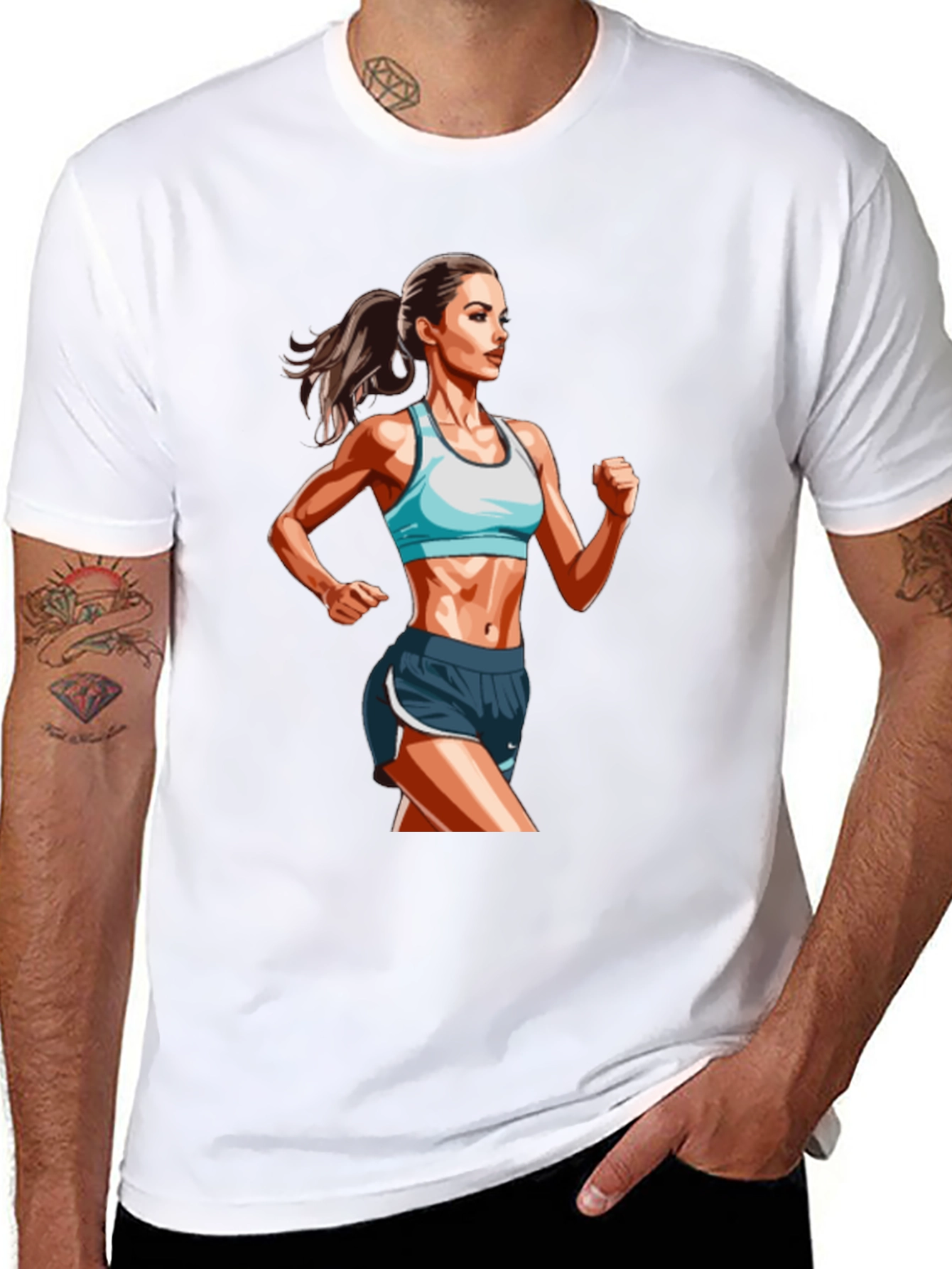 Mens Black T-Shirt with Female Runner Graphic